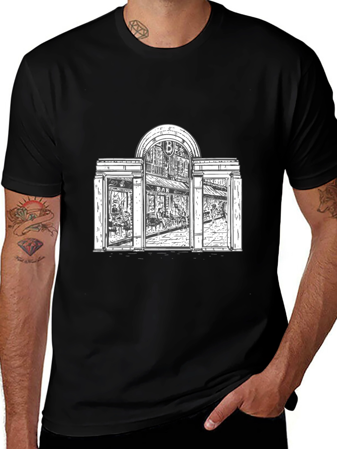 Variant 13 of Men's Black Graphic Tee - Bar Entrance Design