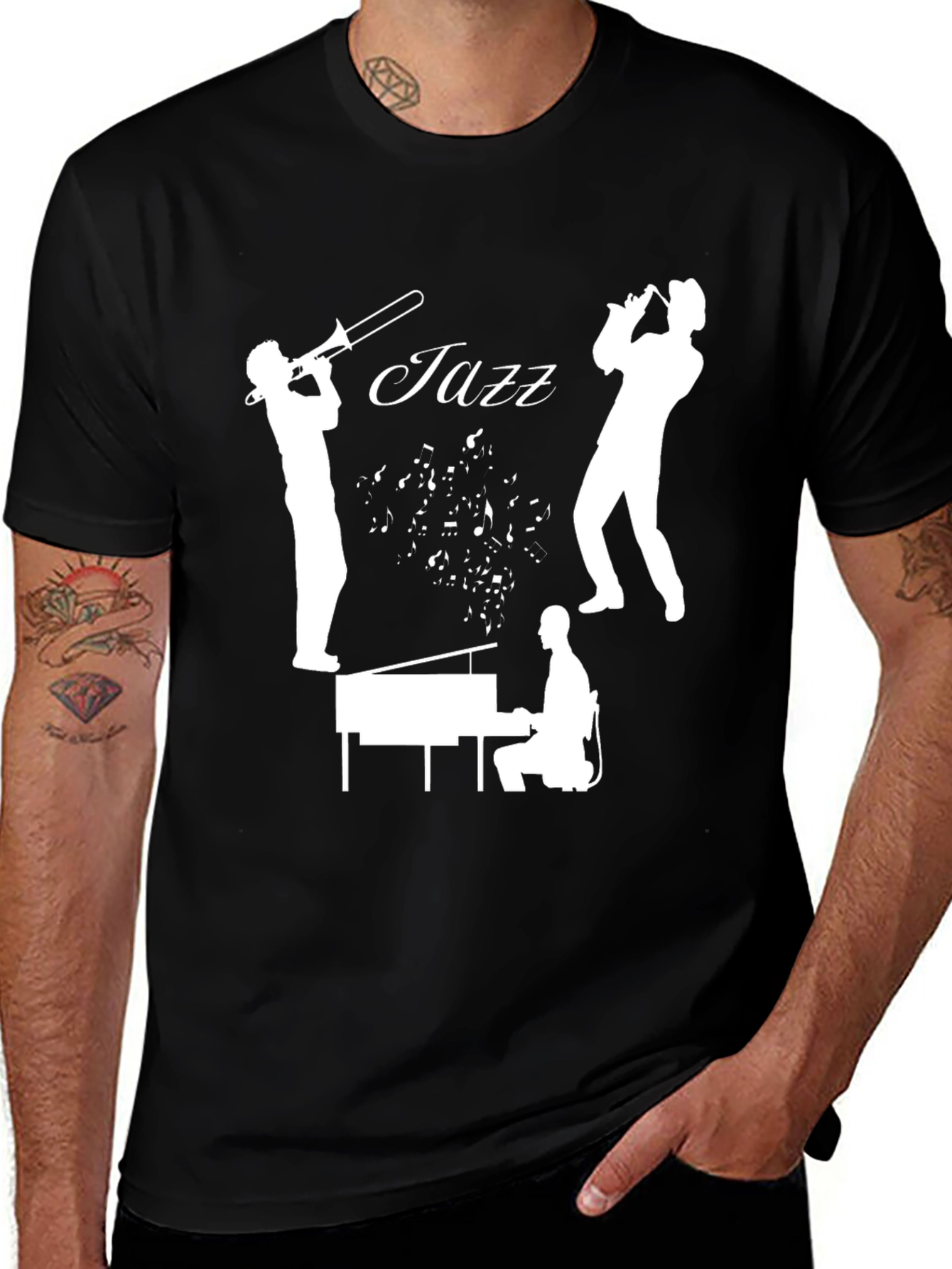 Variant 26 of Jazz Music T-Shirt - Trombone, Trumpet, Piano Design