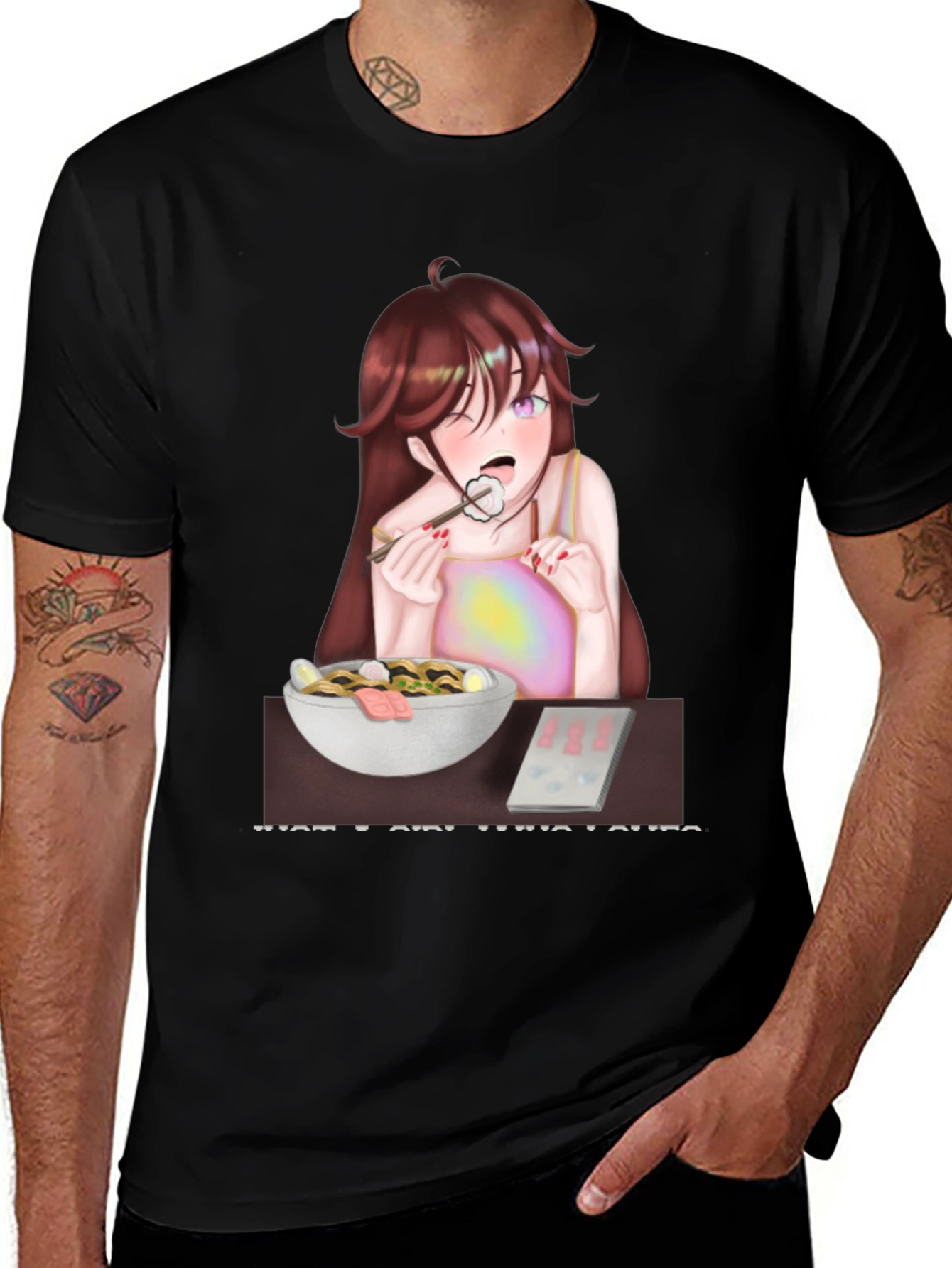 Black Anime Girl Eating Ramen T-Shirt main image
