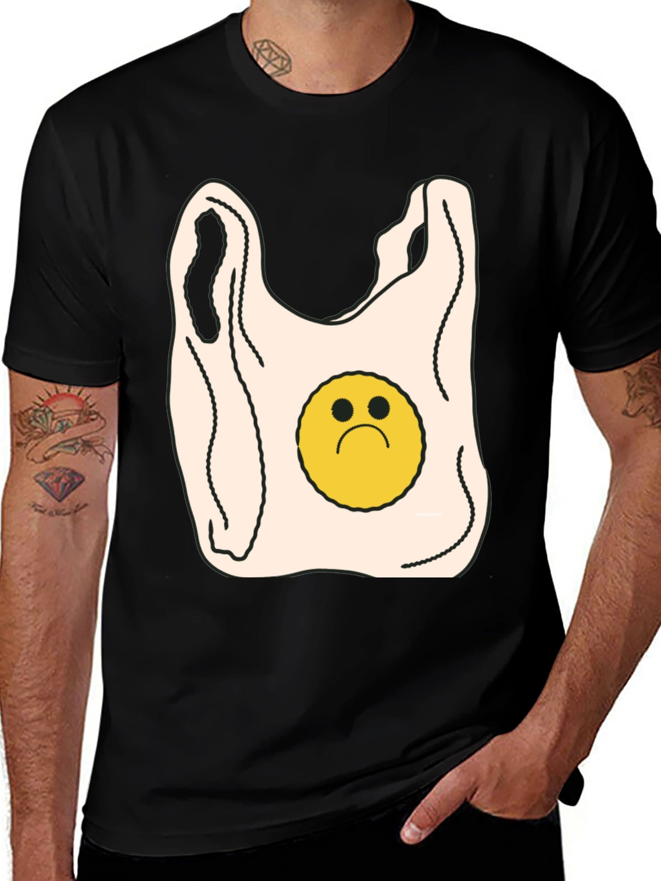 Variant 18 of Sad Face Plastic Bag Graphic Tee - Black Cotton T-Shirt