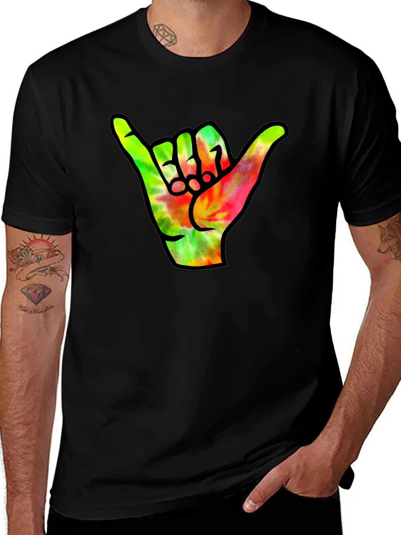 Shaka Hand Tie-Dye Graphic Print Black T-Shirt