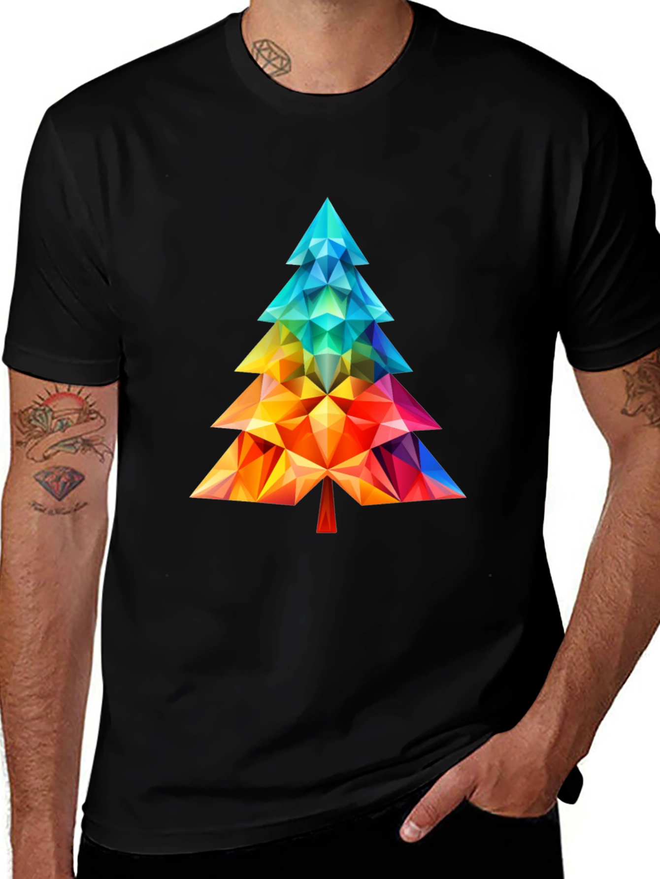 Variant 13 of Geometric Rainbow Christmas Tree Black T-Shirt
