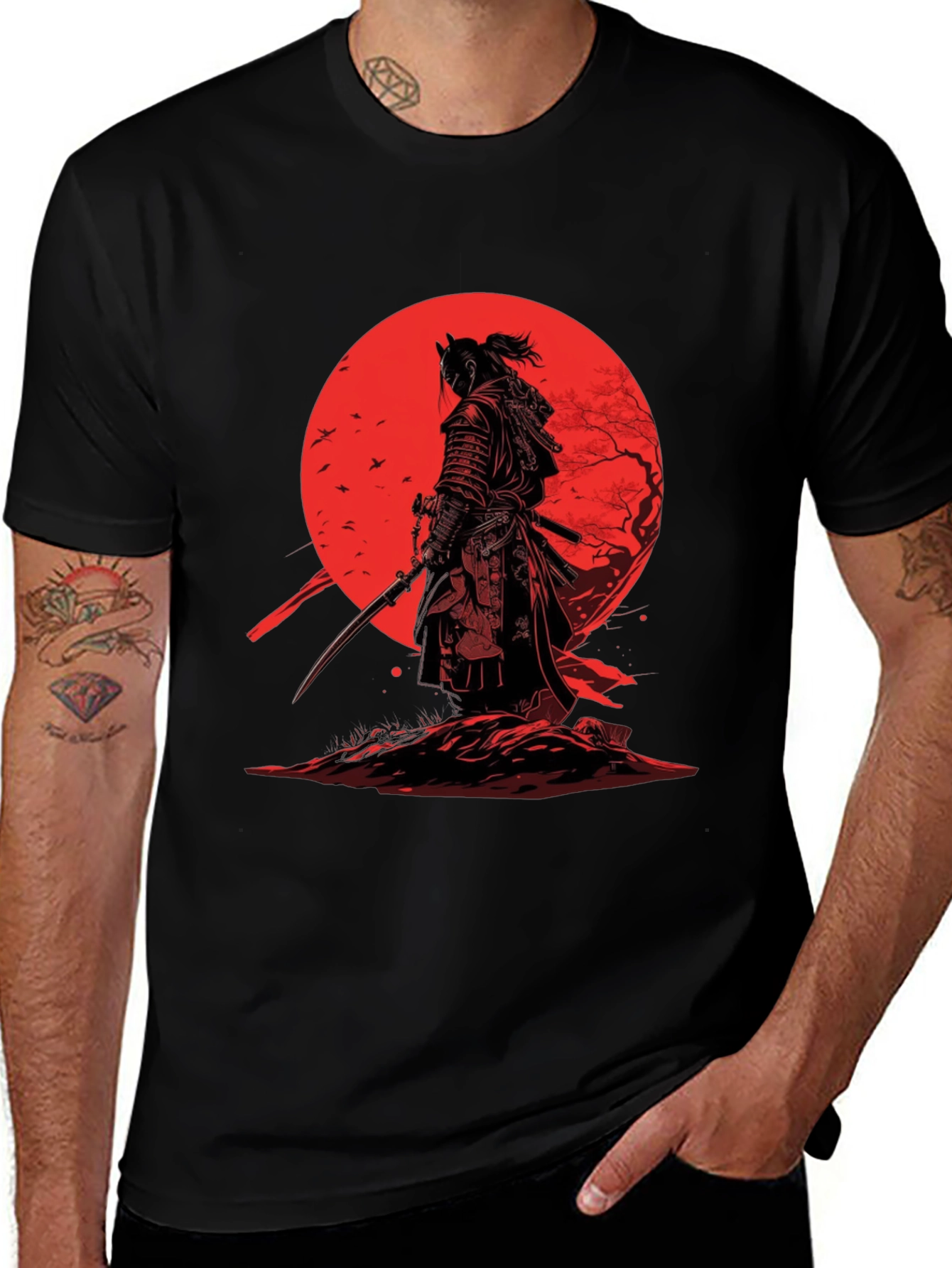 Variant 18 of Samurai T-Shirt - Red Moon Japanese Warrior Design