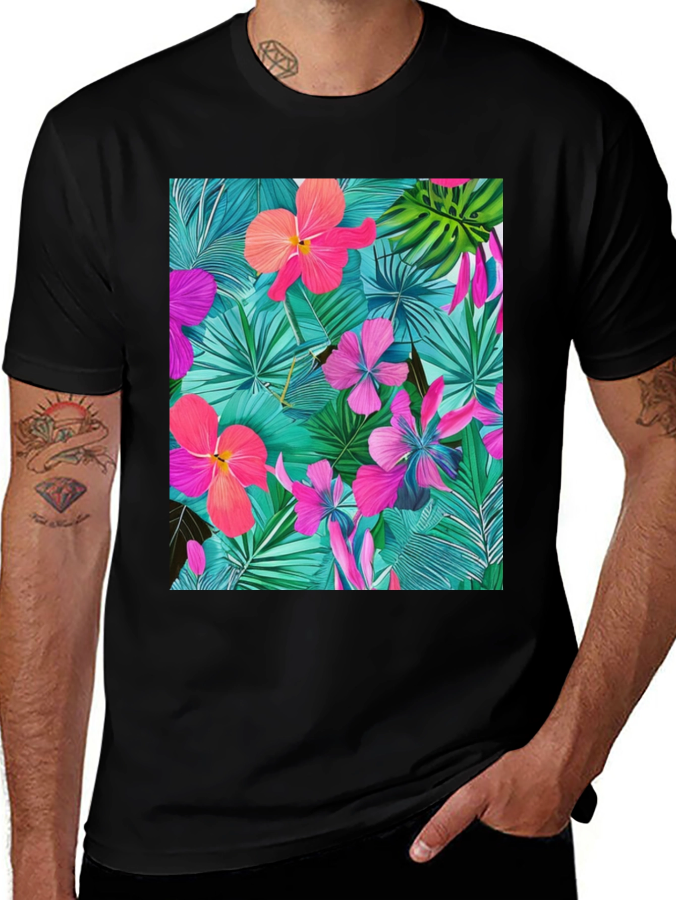 Variant 7 of Tropical Floral Print Black T-Shirt