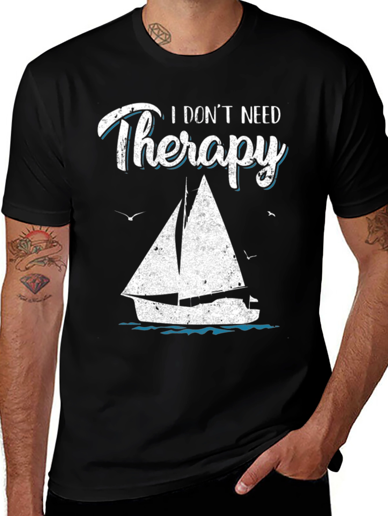 Variant 22 of Sailboat Therapy Graphic T-Shirt: Black Cotton Tee