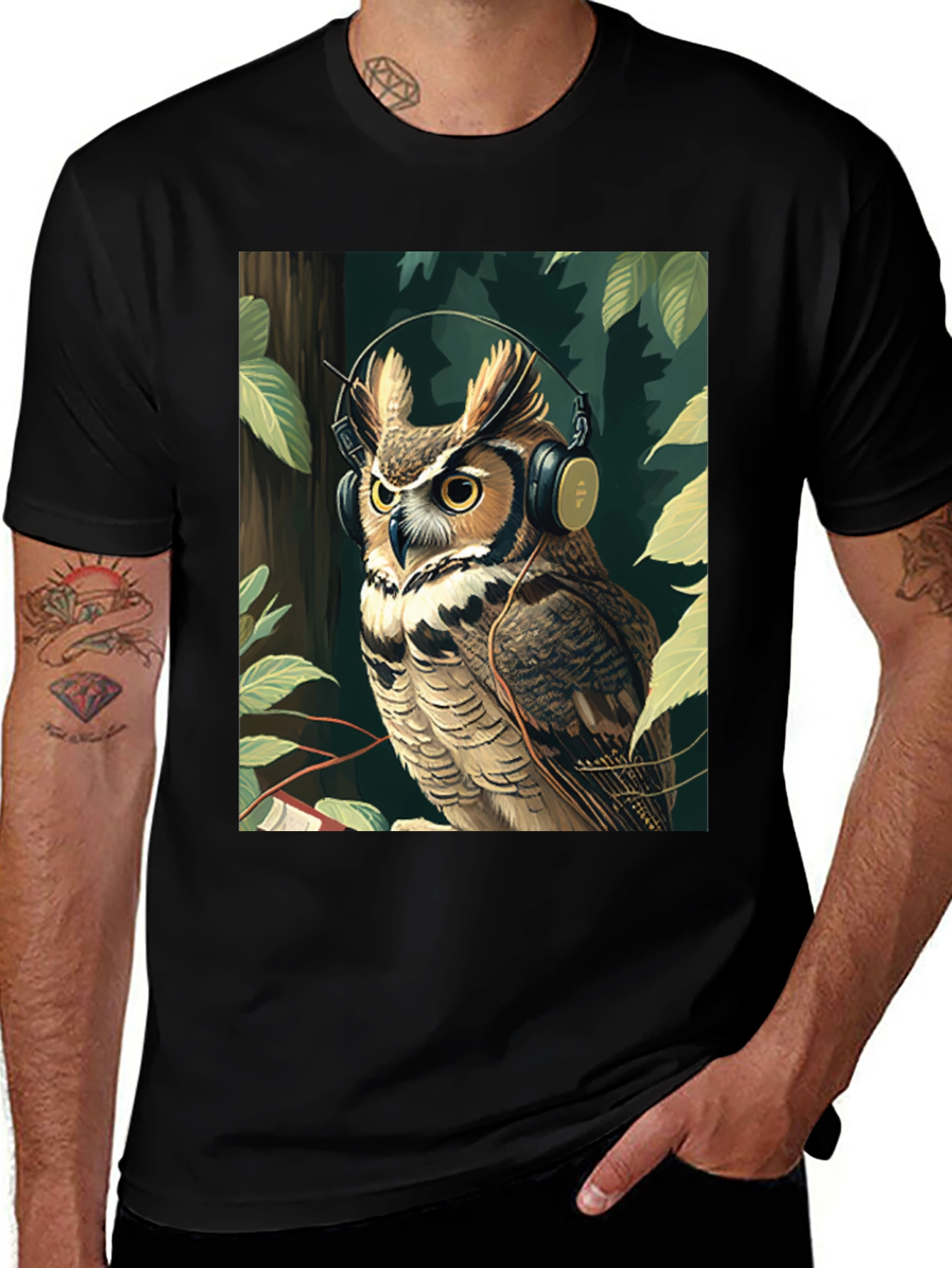Black Owl with Headphones Graphic Tee - Stylish & Unique main image