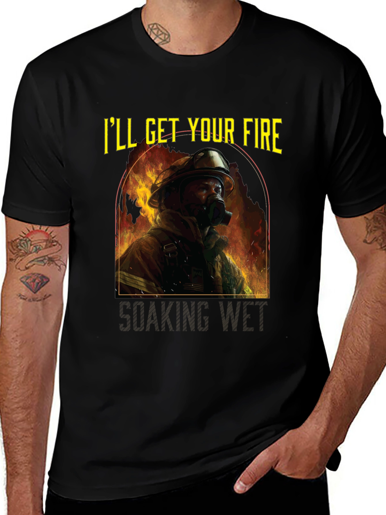 Variant 16 of Firefighter T-Shirt - I'll Get Your Fire Soaking Wet - Black Cotton