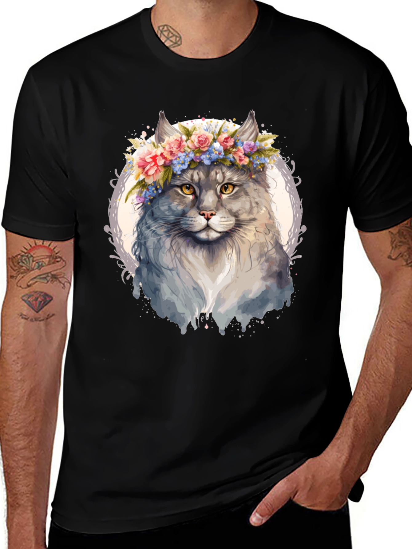 Variant 23 of Cat with Floral Crown Graphic Tee - Unique Design
