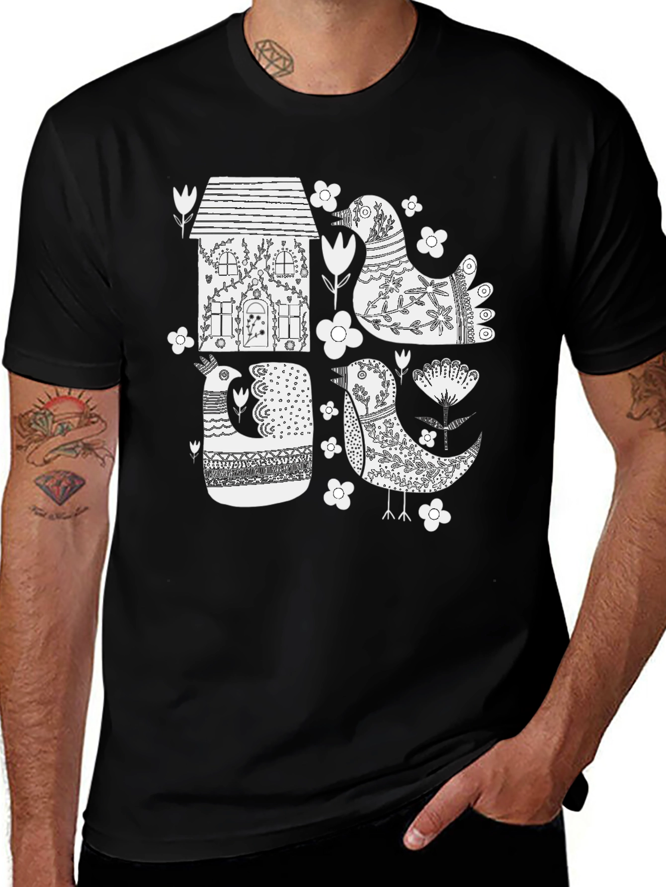 Variant 25 of Black T-Shirt with Bird & House Graphic Print
