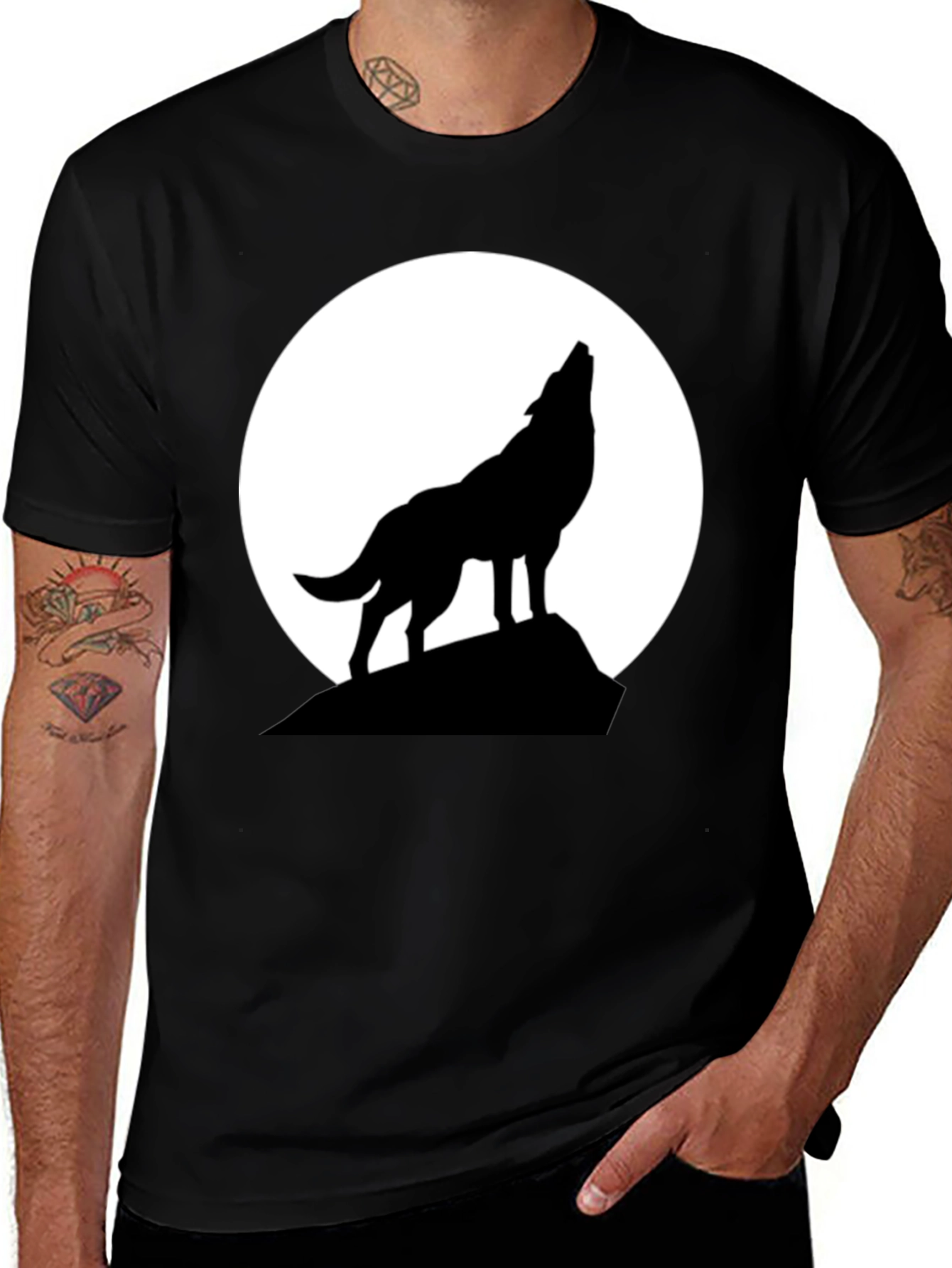 Variant 12 of Wolf Howling at Moon Graphic Tee - Black