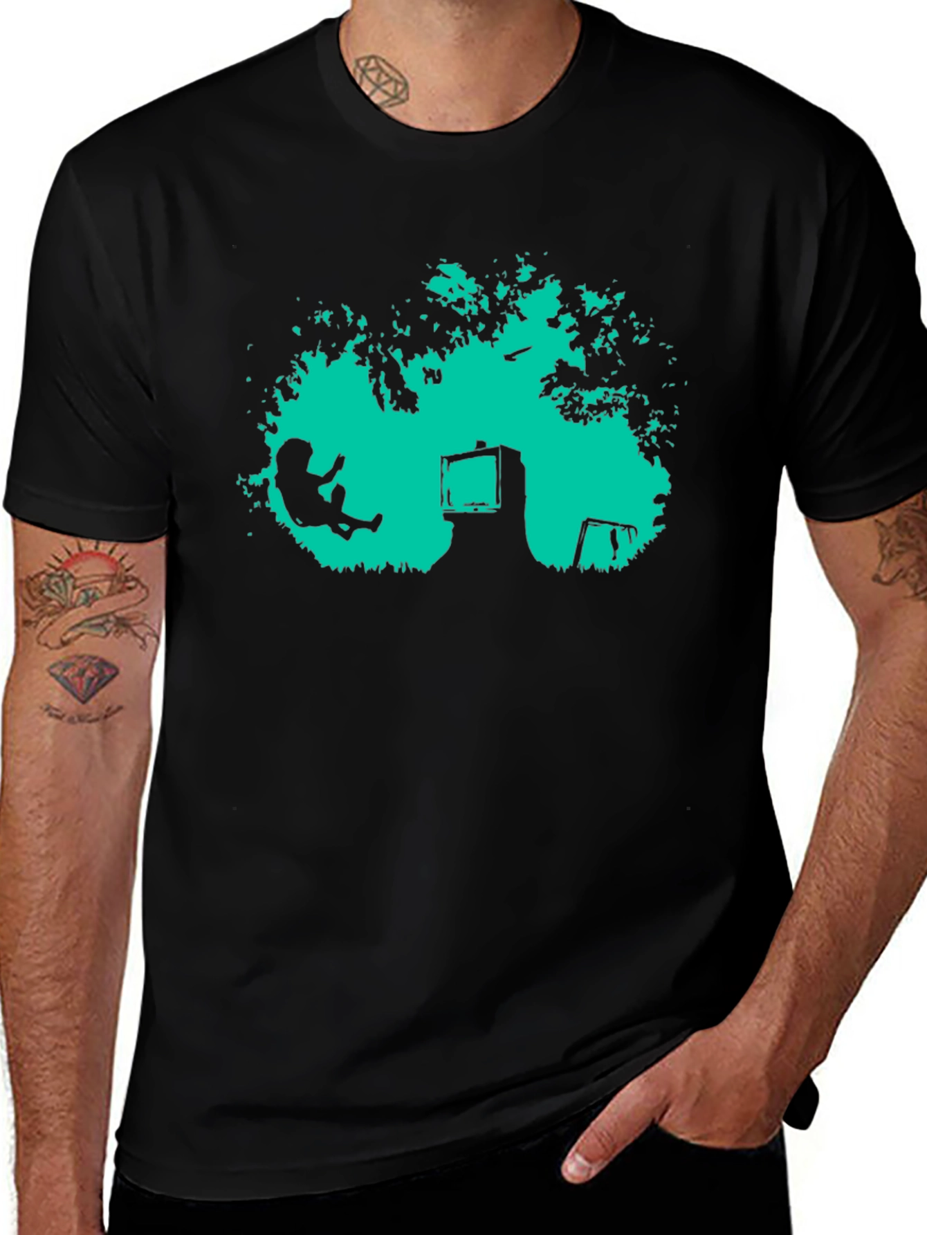 Variant 15 of Retro TV Tree Swing Black T-Shirt