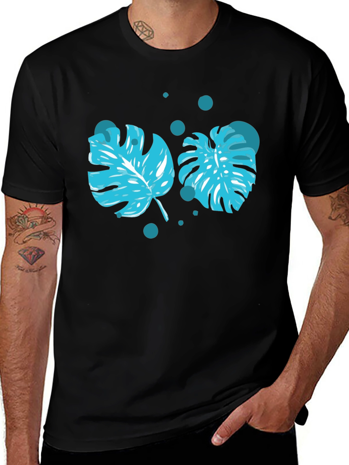Variant 26 of Tropical Leaf Print Black T-Shirt