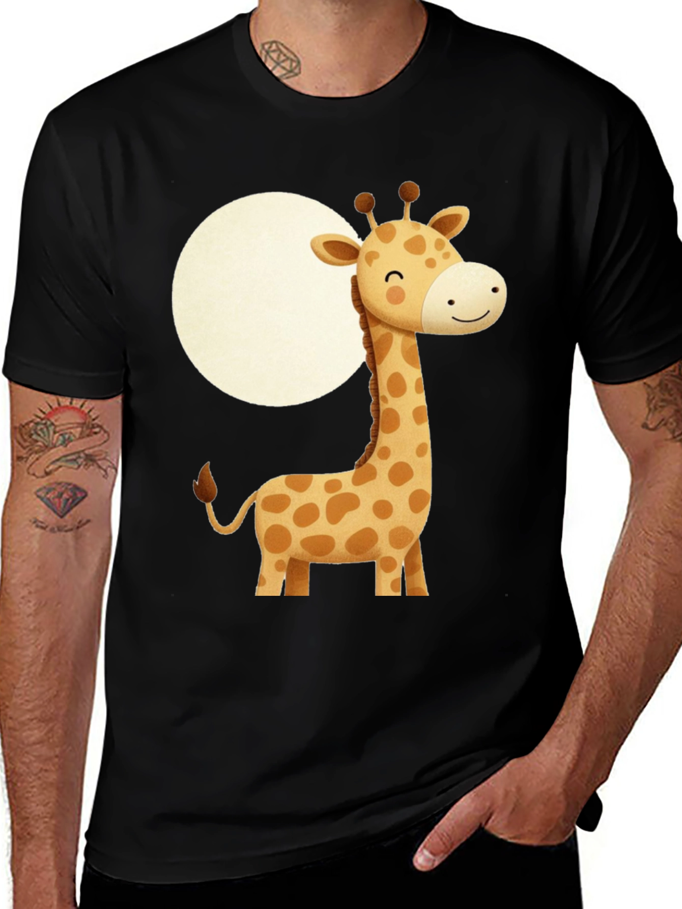 Variant 7 of Cute Giraffe Graphic Print Black T-Shirt