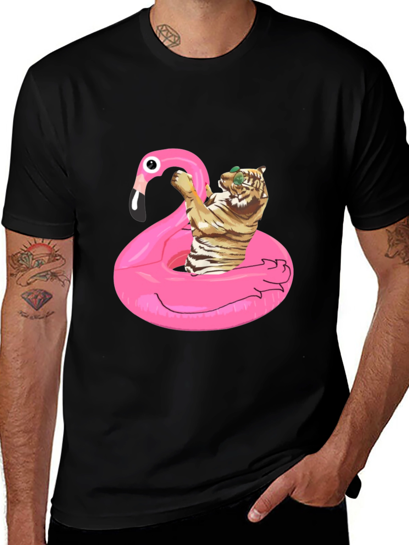 Variant 15 of Cool Tiger Flamingo Pool Float Black T-Shirt