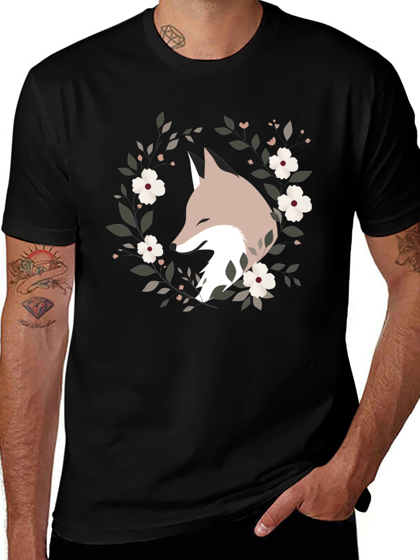 Variant 10 of Fox Floral Wreath Graphic Tee - Black