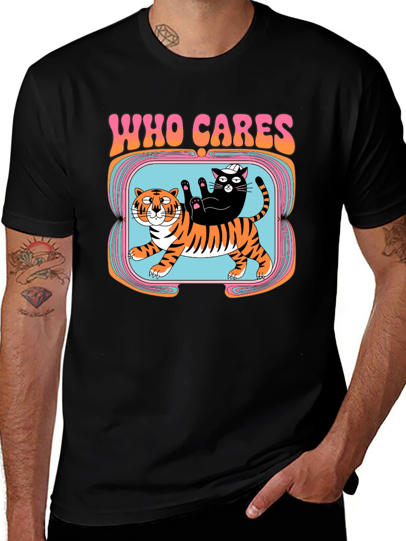 Black Who Cares Cat & Tiger Graphic Tee - Black main image