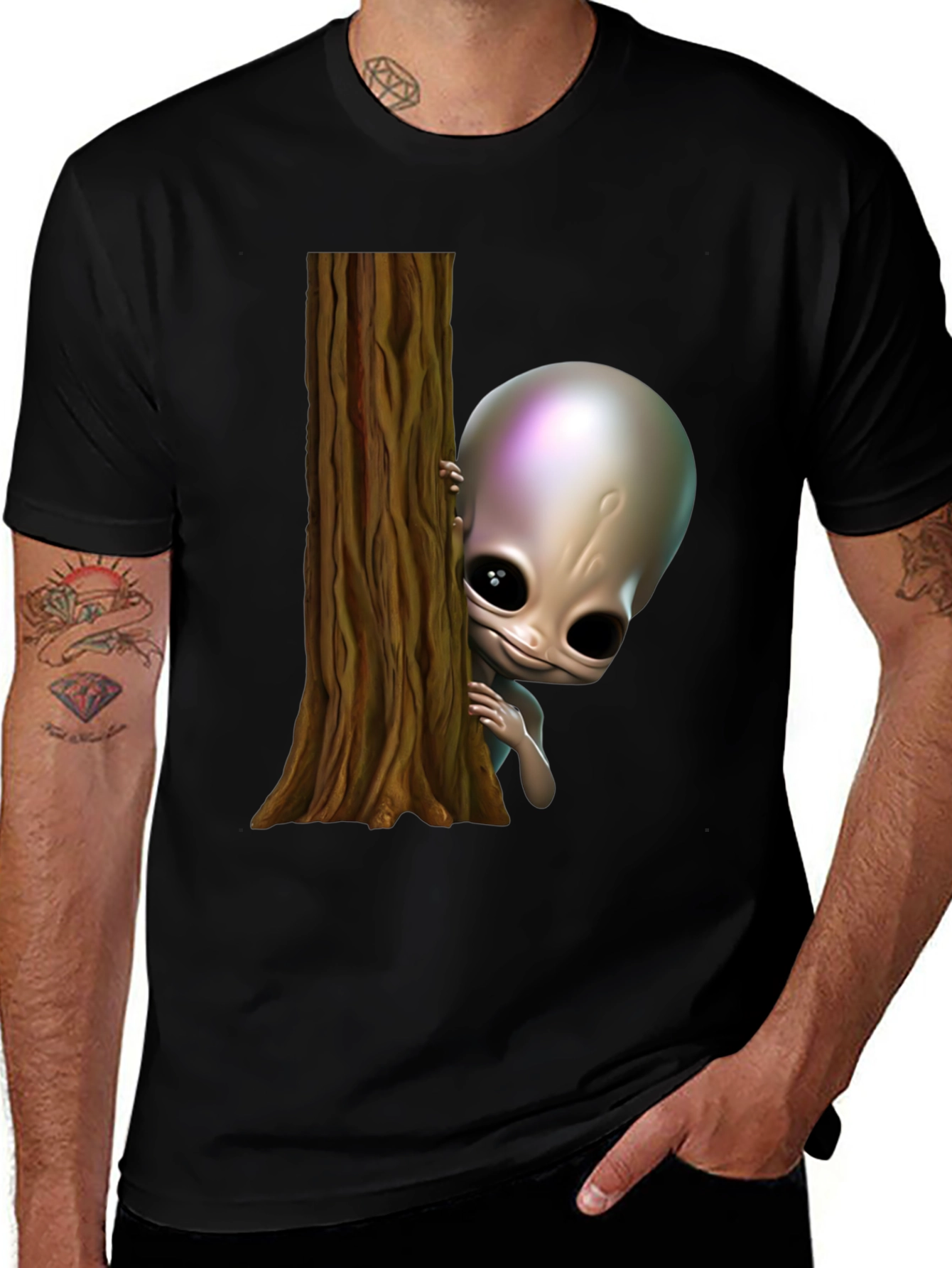 Variant 15 of Alien Peeking Tree Black T-Shirt
