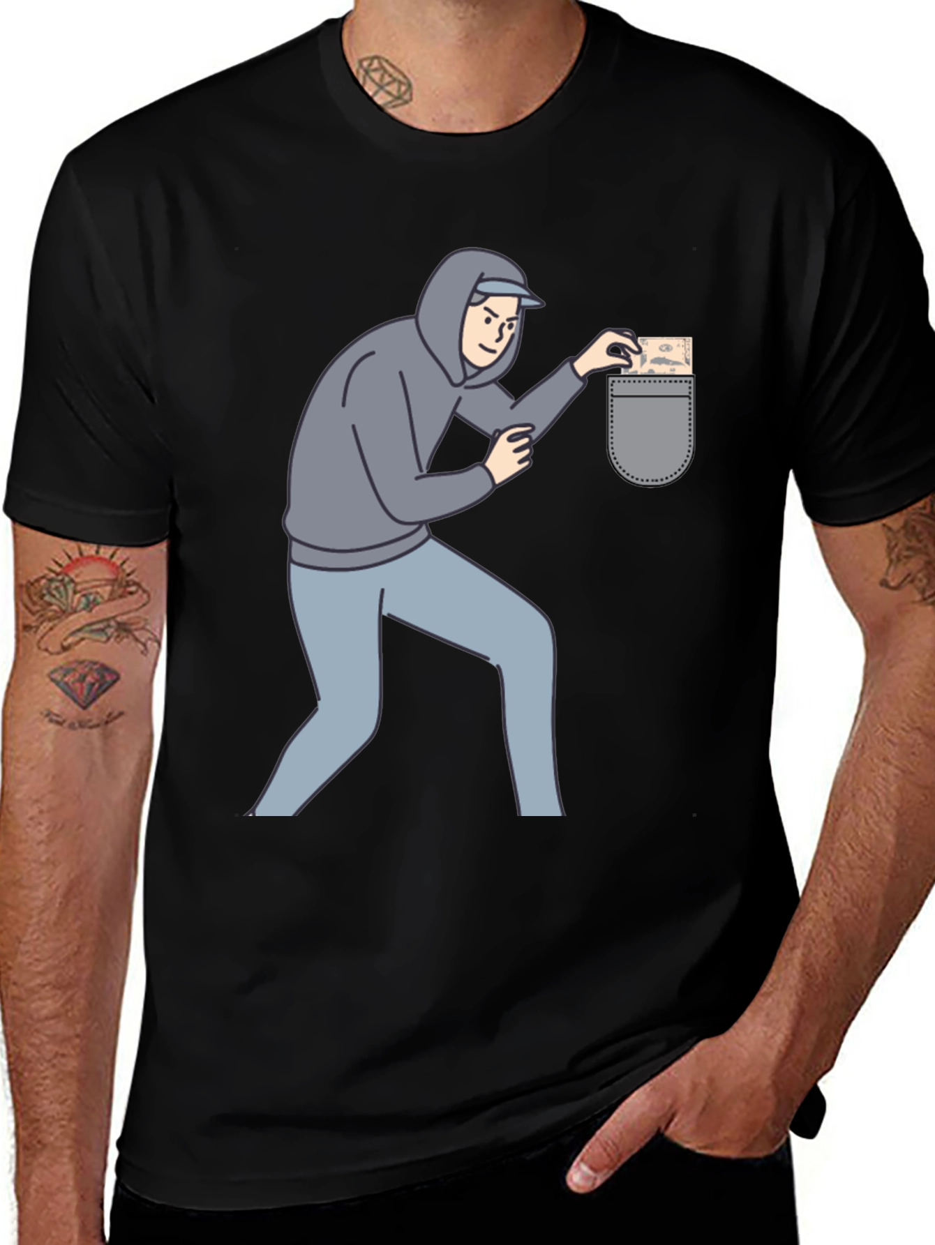 Variant 26 of Funny Pickpocket Graphic Tee - Black Cotton Blend Shirt