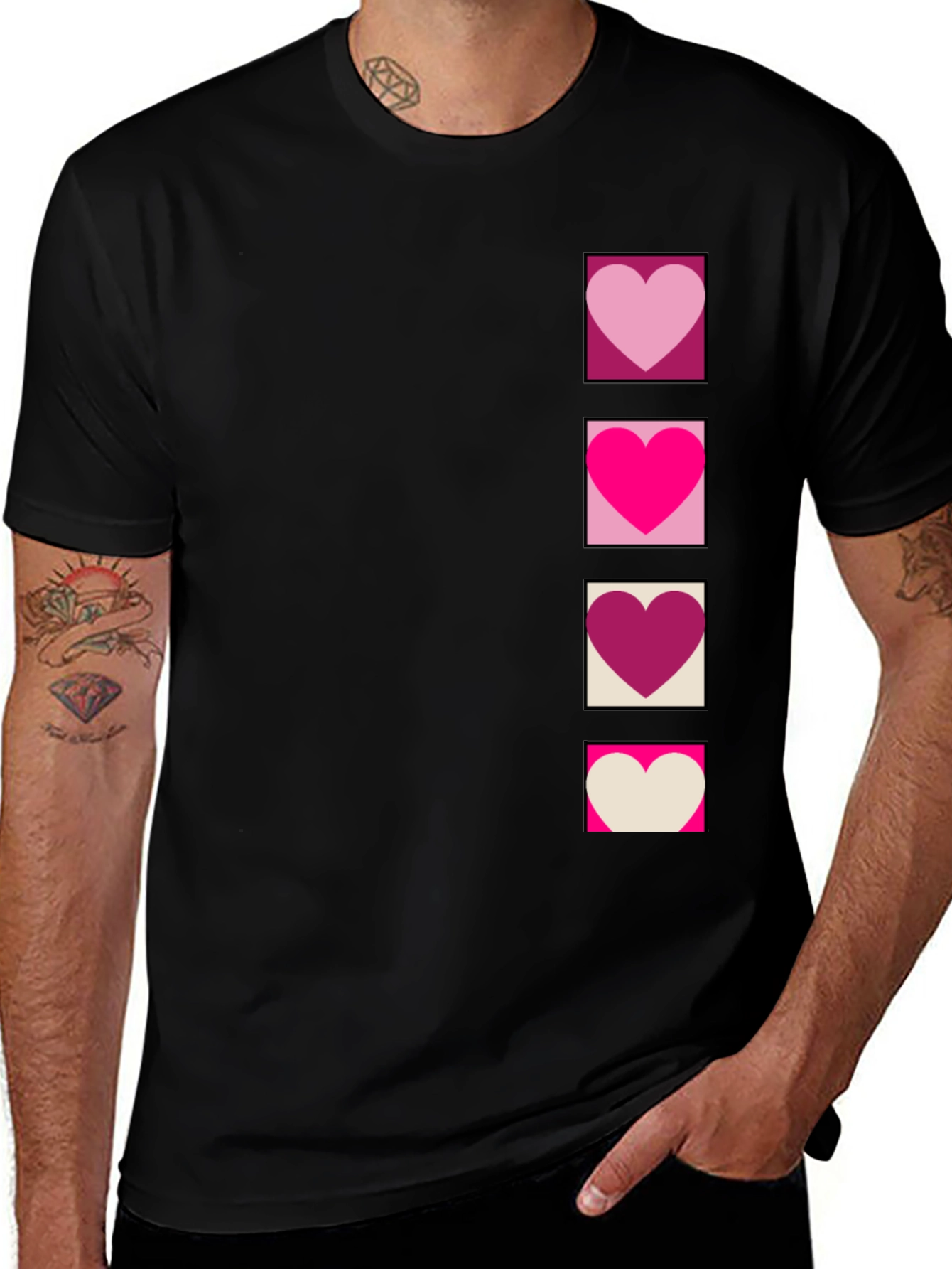 Heart Stack Graphic Tee - Casual Black T-Shirt