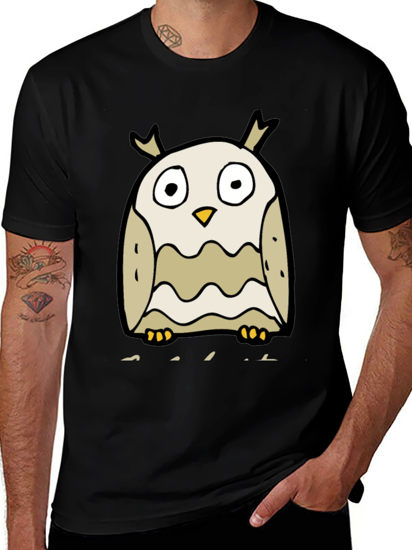 Cartoon Owl Graphic Tee - Black Cotton Blend