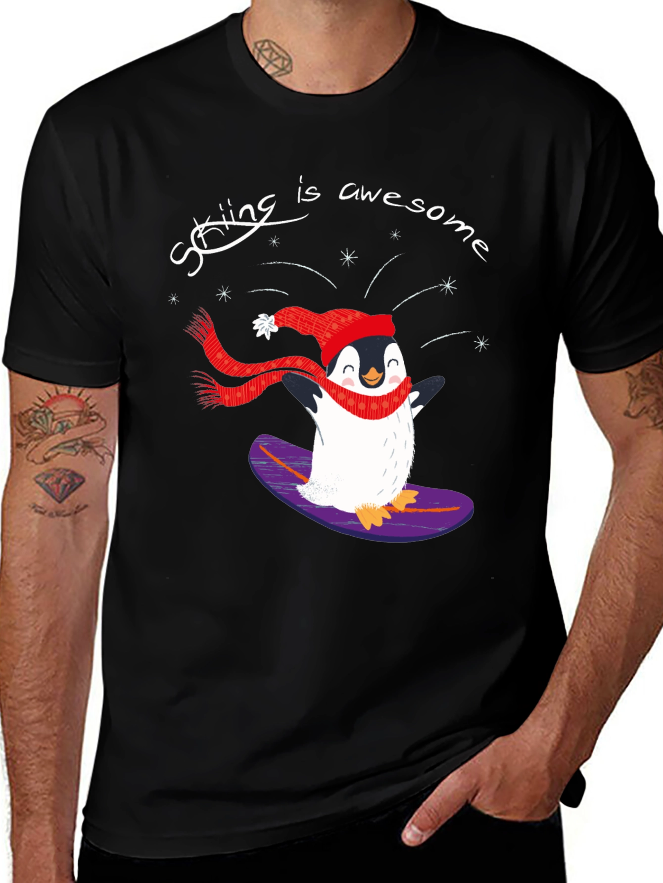 Penguin Skiing T-Shirt - "Skiing is Awesome"