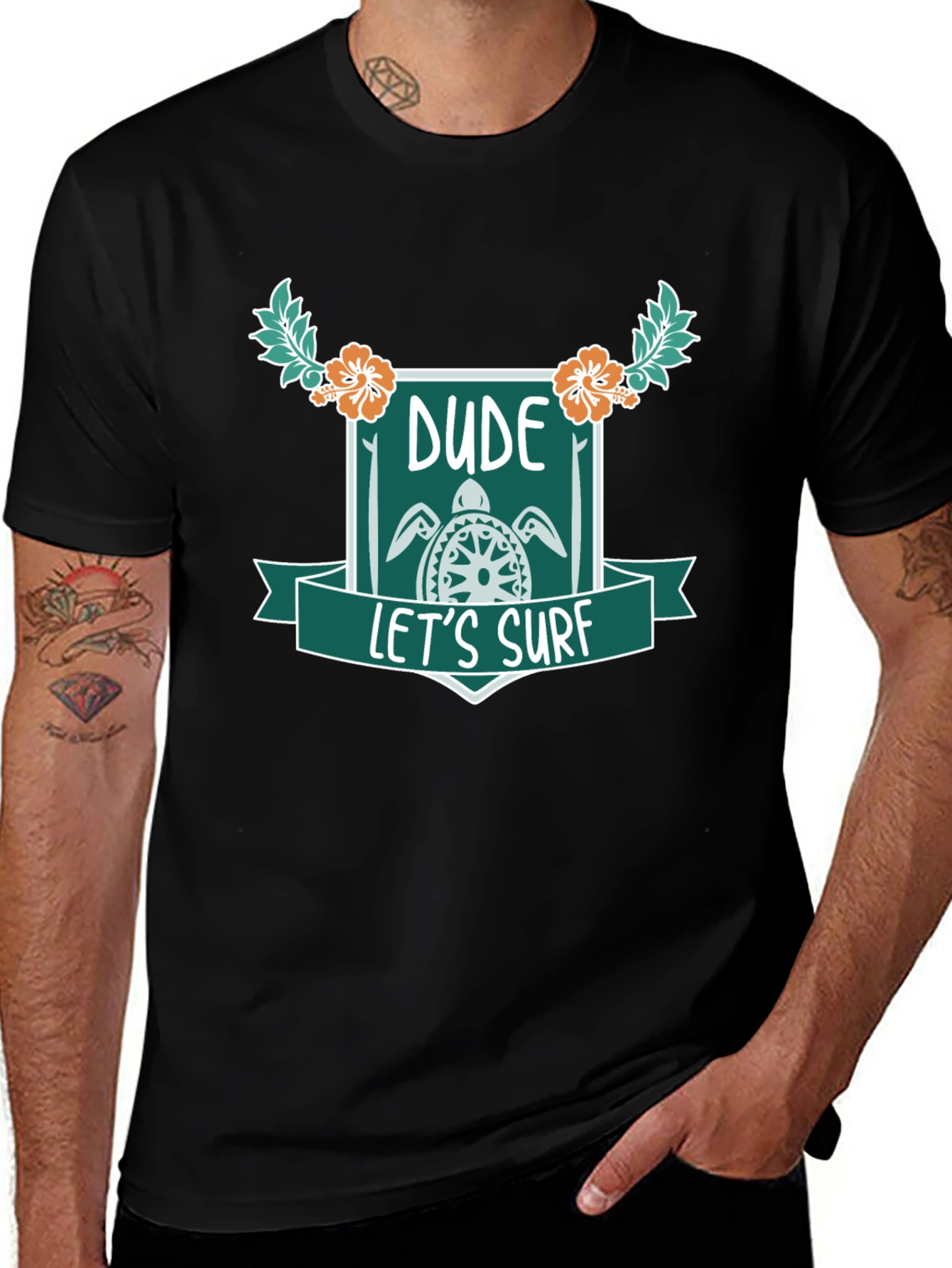 Variant 23 of Dude Let's Surf Black Graphic Tee
