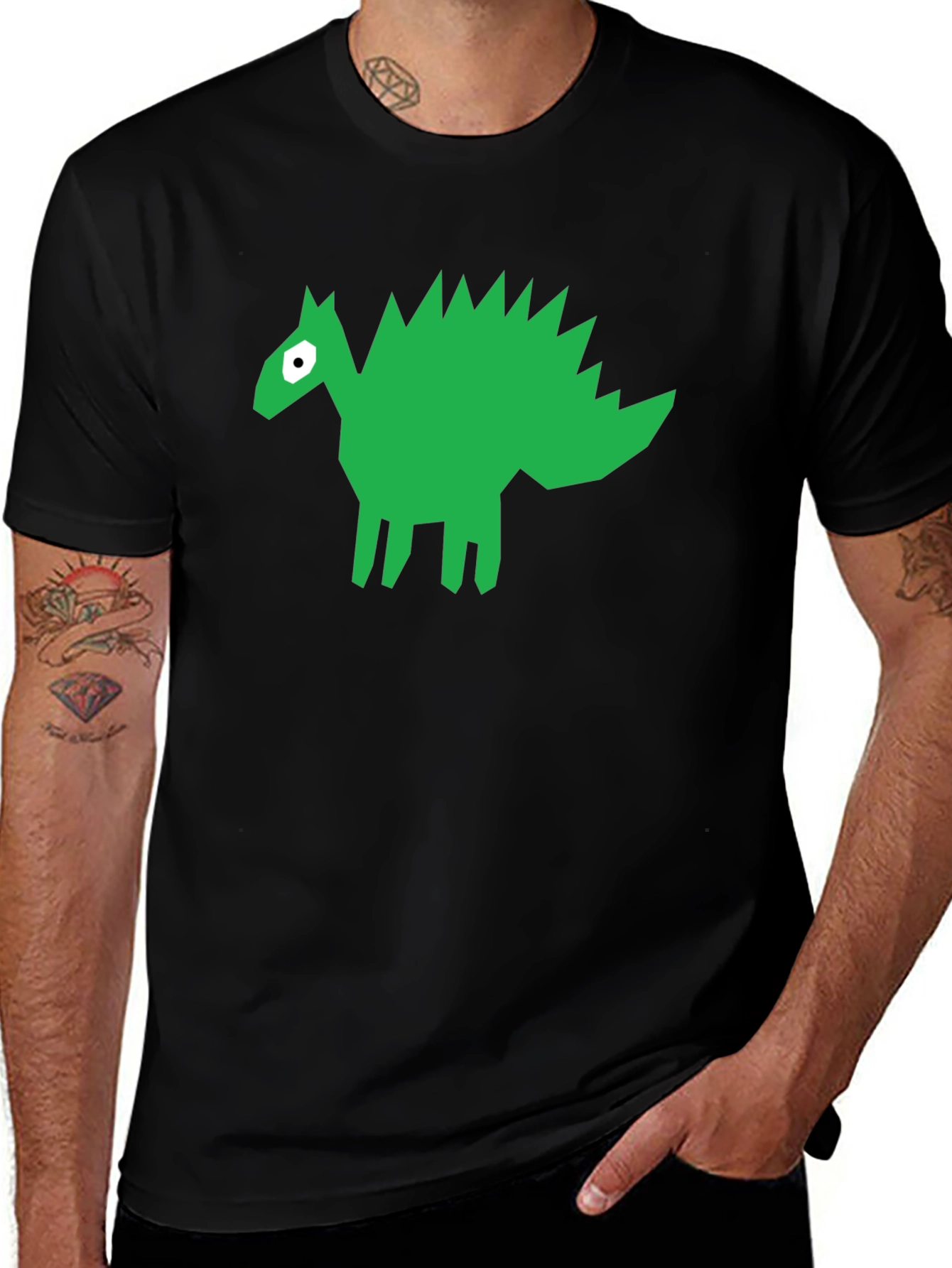 Variant 12 of Funky Geometric Green Dinosaur Black T-Shirt