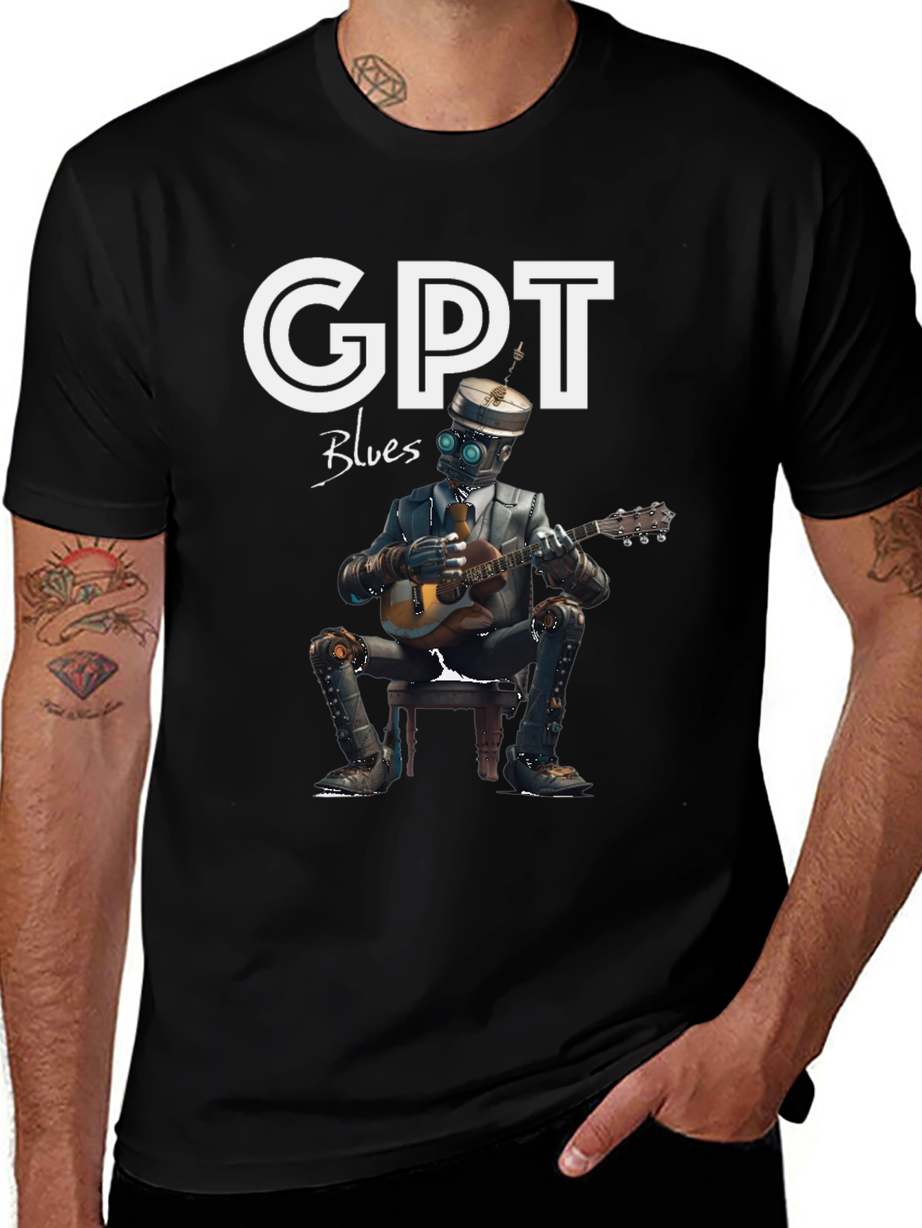 Variant 22 of GPT Blues T-Shirt - Robot Musician Graphic Tee