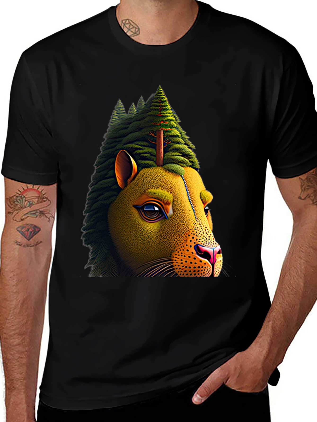 Variant 12 of Unique Lion-Pine Tree Fusion Graphic Tee