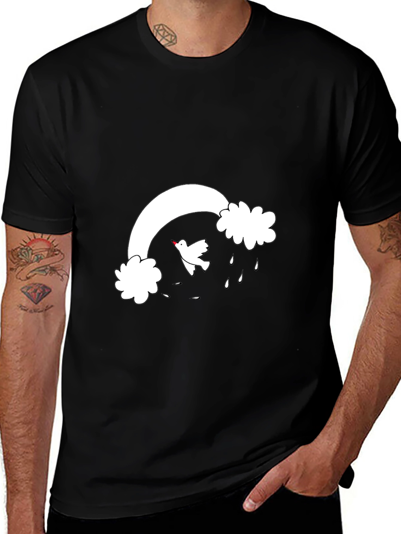 Dove & Rainbow Graphic Tee - Black Casual Cotton T-Shirt