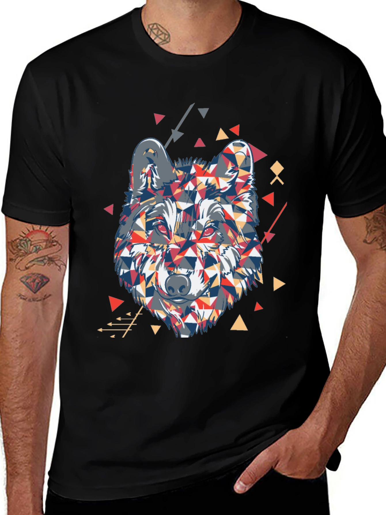 Variant 25 of Geometric Wolf Graphic Black T-Shirt