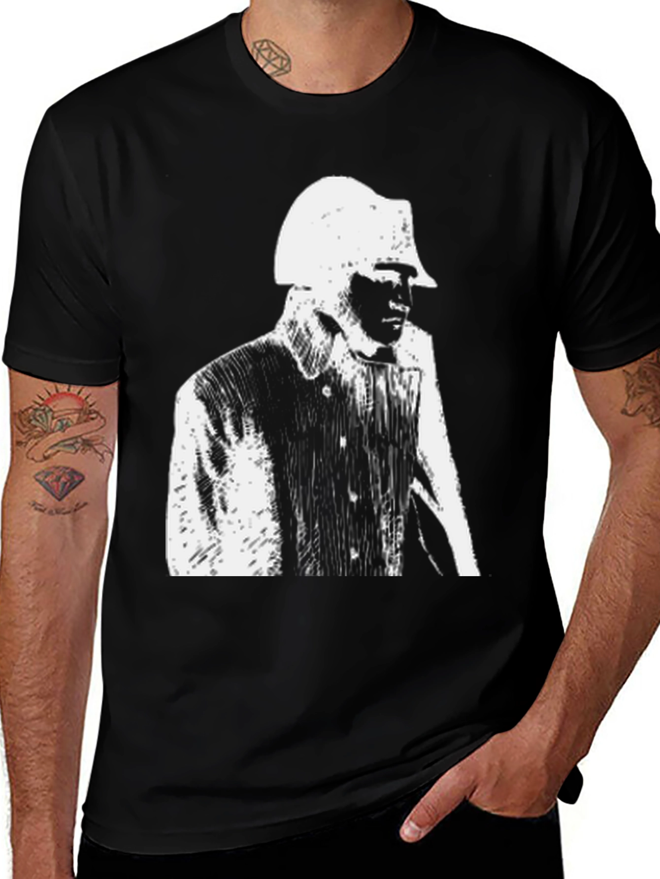 Black T-Shirt with Film Noir Detective Print