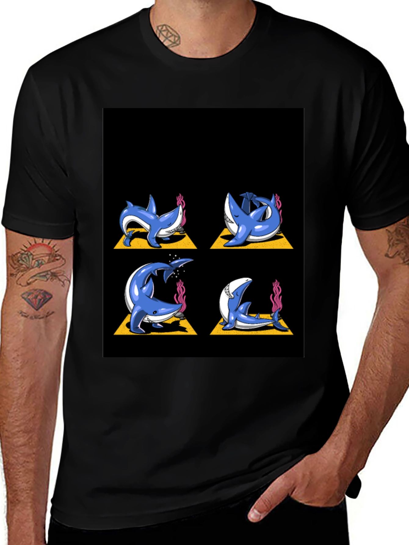 Variant 3 of Yoga Shark T-Shirt - Meditating Sharks Black Tee