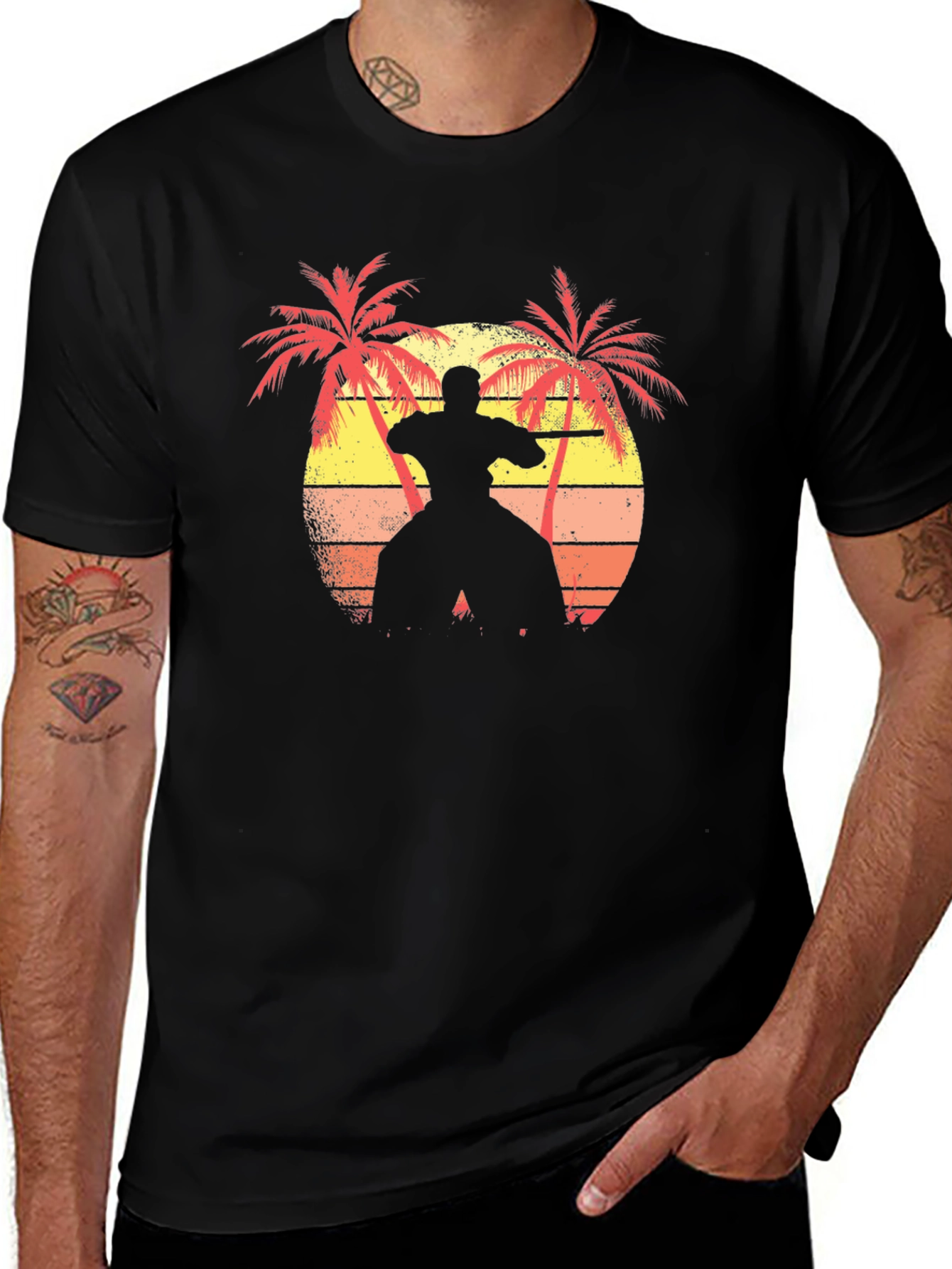 Variant 25 of Sunset Karate Palm Tree Black T-Shirt