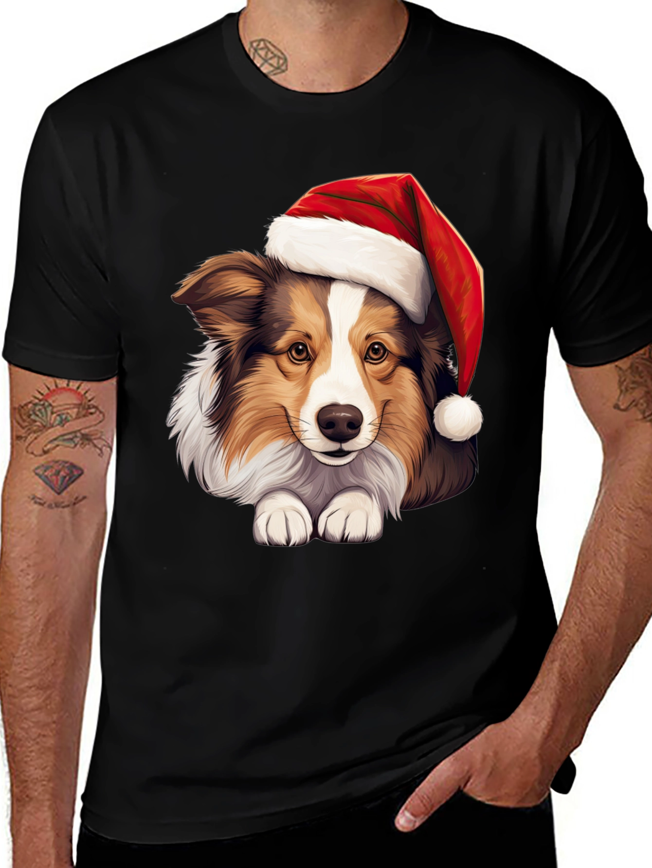 Variant 11 of Festive Dog T-Shirt: Holiday Collie in Santa Hat