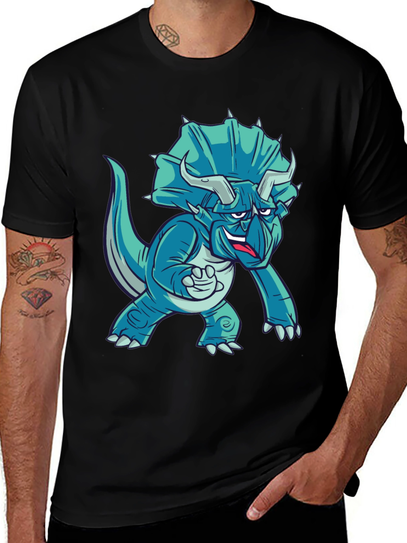 Variant 29 of Cartoon Triceratops Graphic Tee - Black Cotton T-Shirt