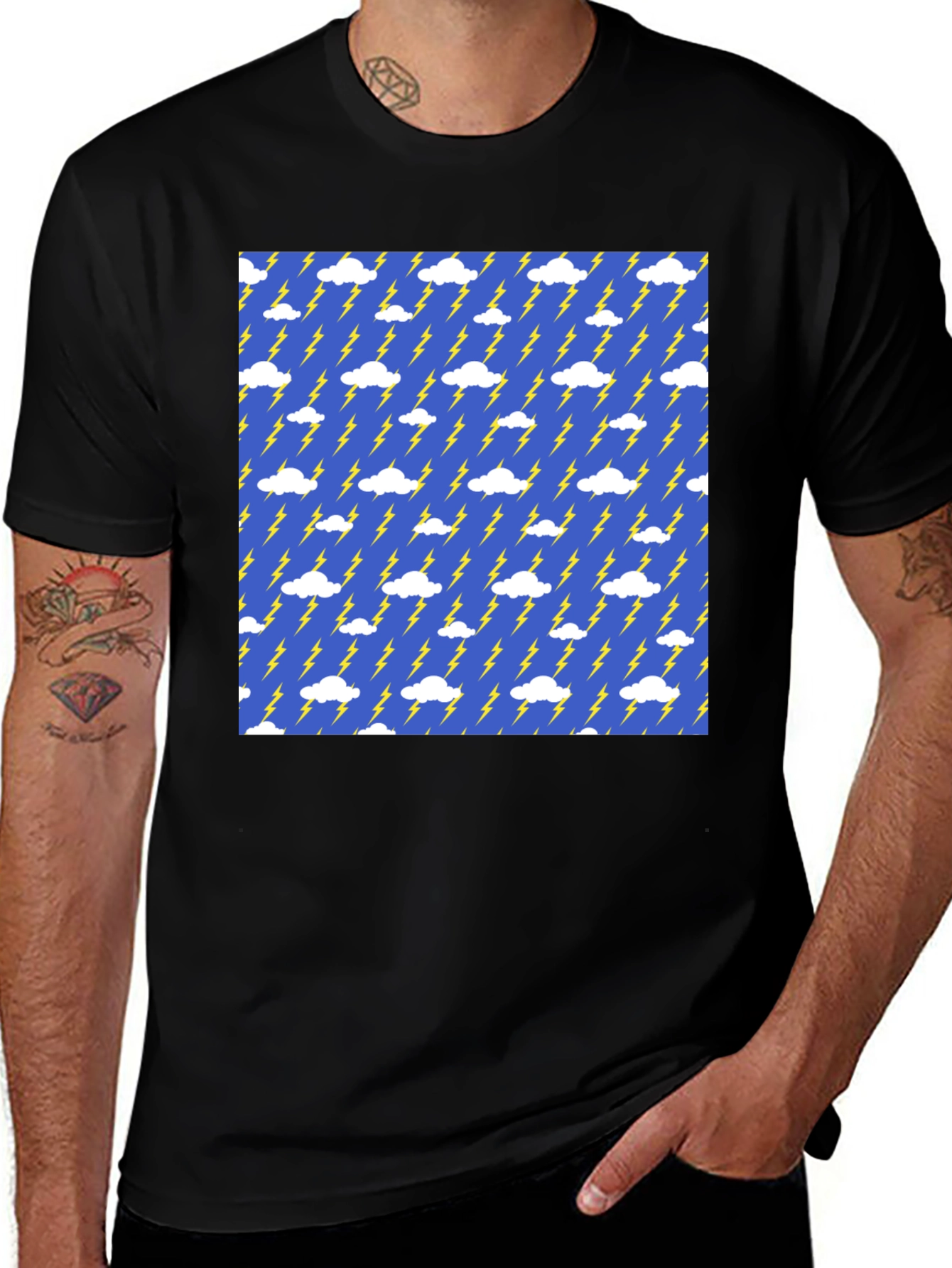 Variant 20 of Lightning Bolt & Cloud Pattern Black T-Shirt