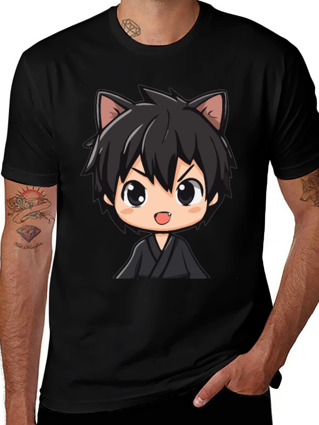 Variant 2 of Anime Cat Boy Graphic Black T-Shirt