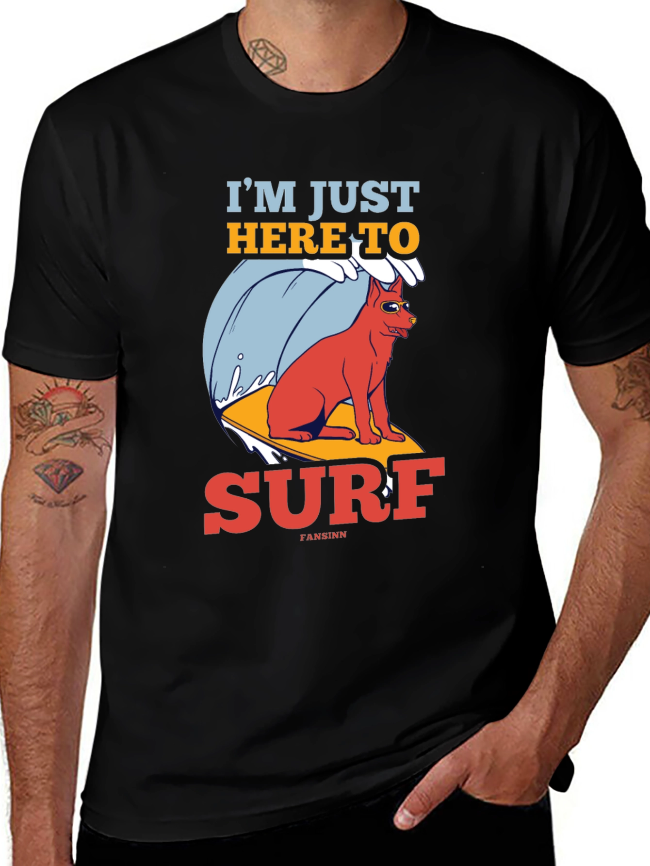 Variant 15 of Funny Surfing Dog Graphic Tee - Black Cotton T-Shirt