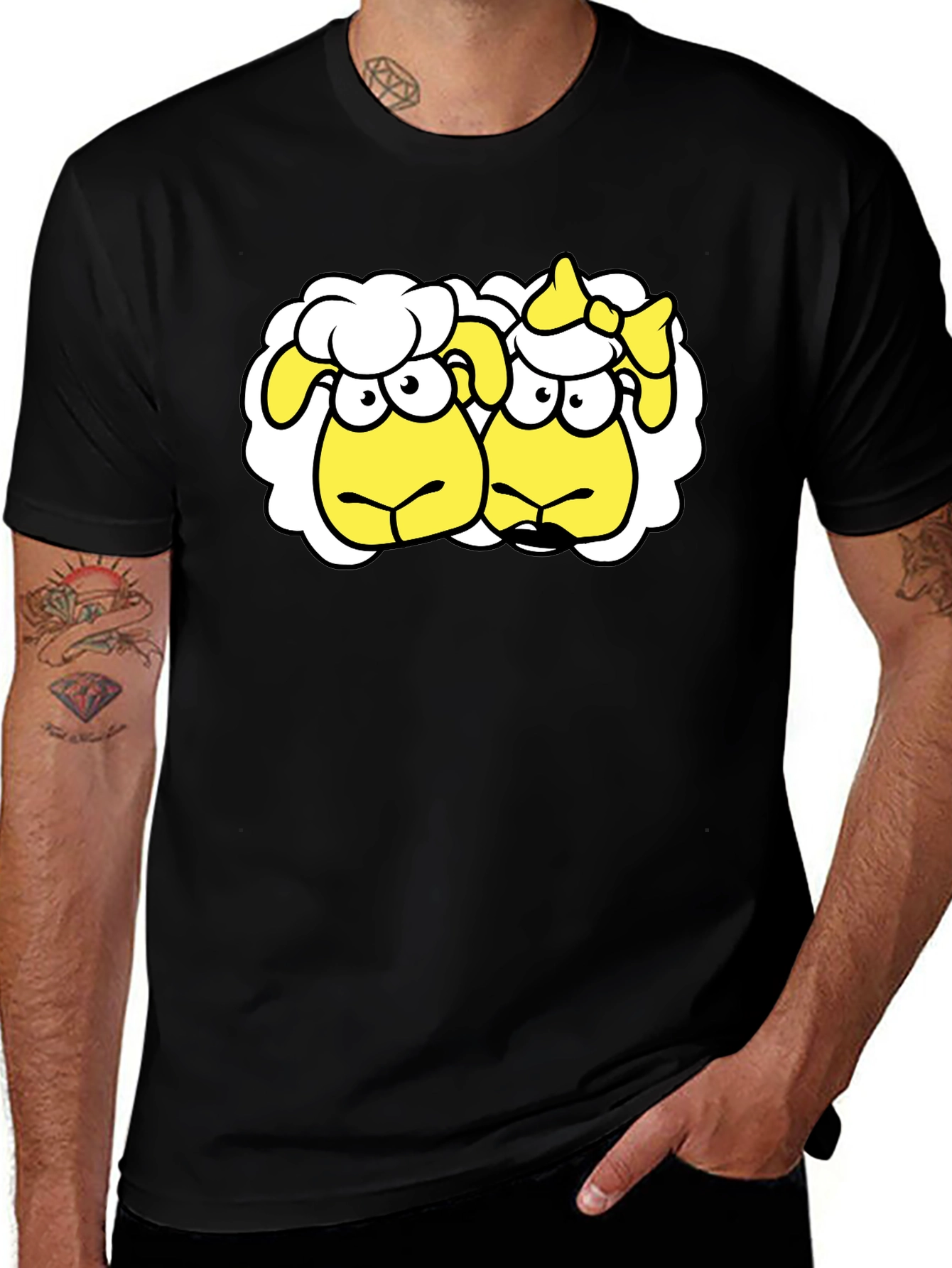 Variant 17 of Funny Sheep Couple Graphic T-Shirt - Black