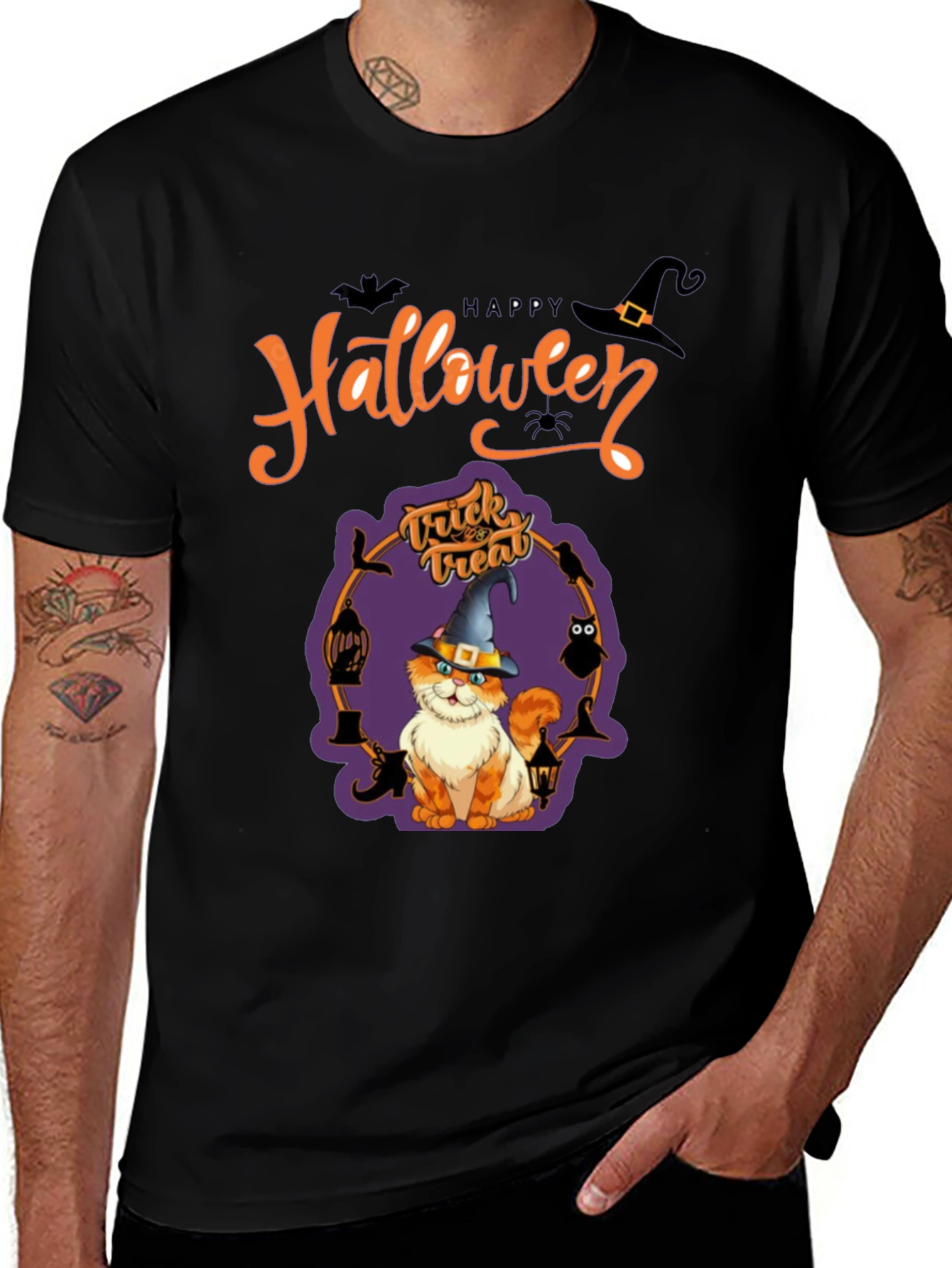 Halloween Cat Graphic Tee - Spooky Season Shirt