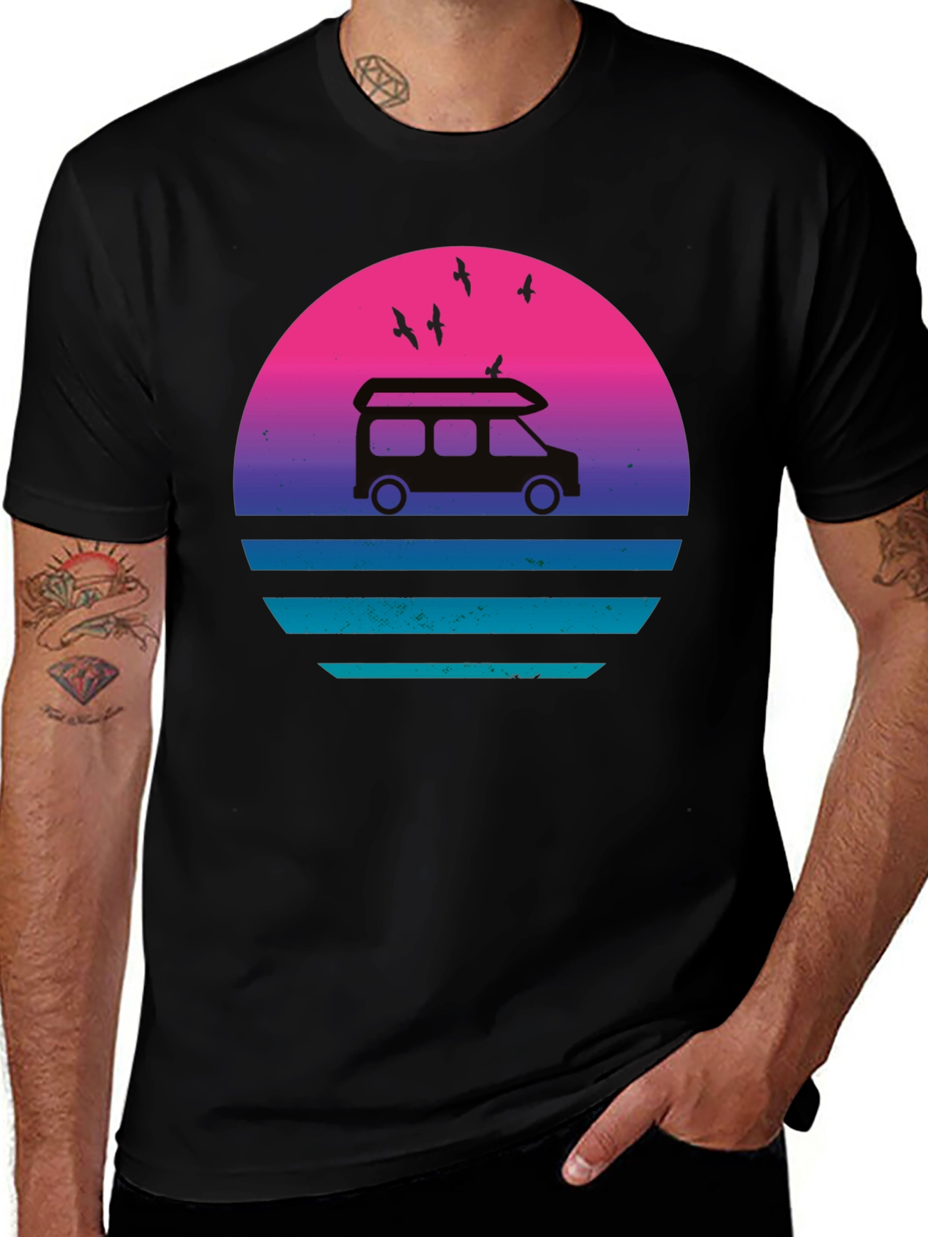 Variant 12 of Retro Van Sunset T-Shirt - Black Graphic Tee