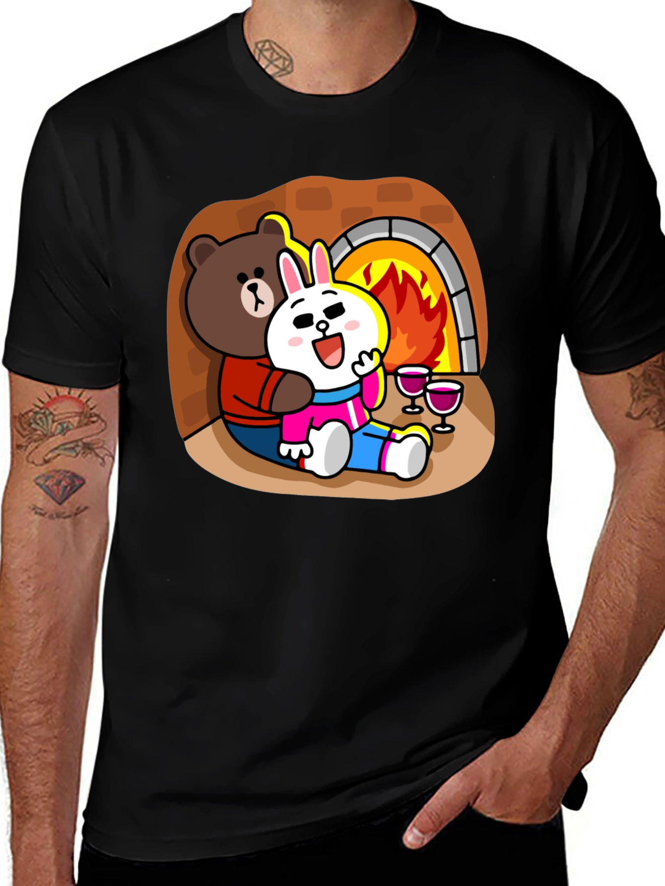 Cozy Cartoon T-Shirt: Bear & Rabbit by Fire