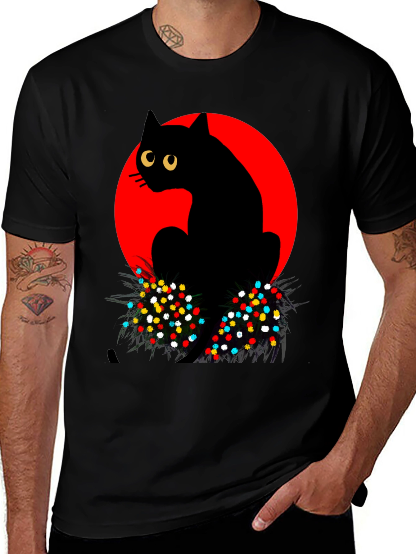 Cool Black Cat with Red Moon Graphic T-Shirt