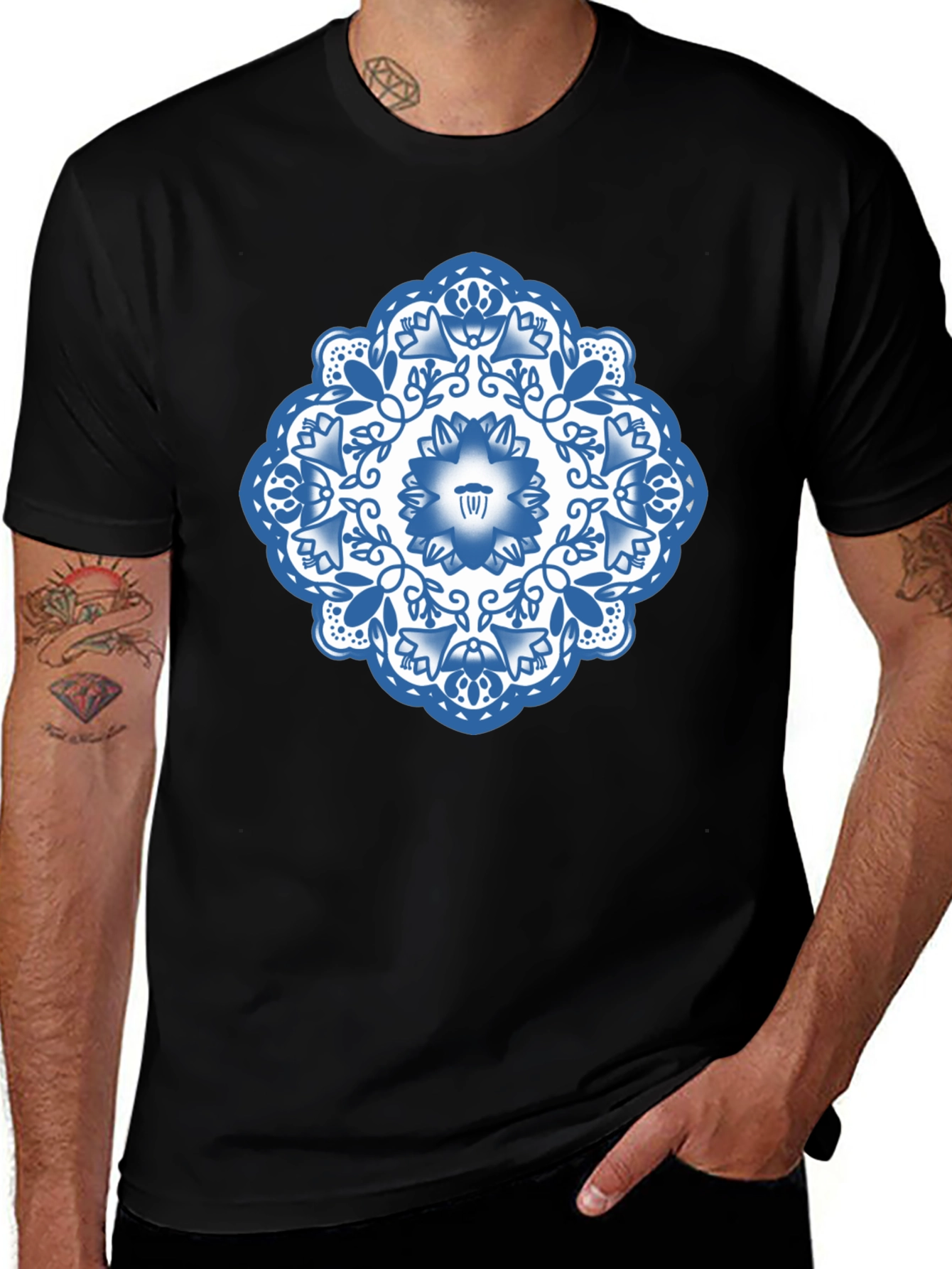 Variant 30 of Blue Floral Mandala Graphic Black T-Shirt