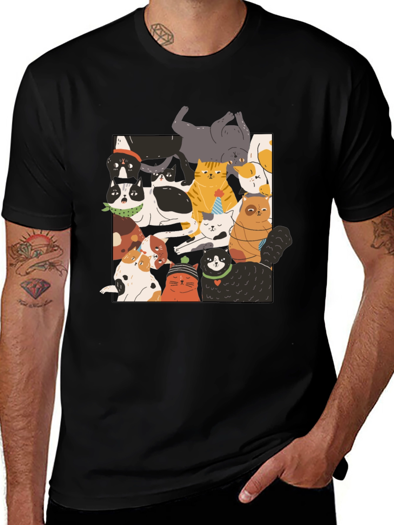 Variant 8 of Fun Cats Pattern Black T-Shirt