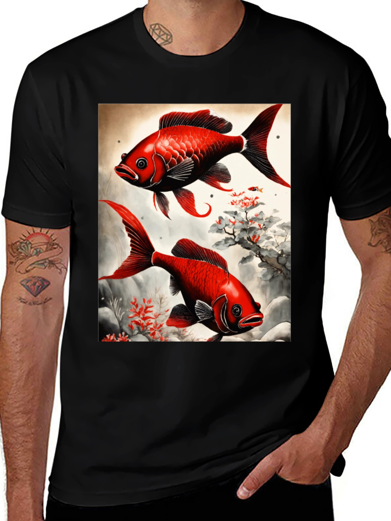 Koi Fish Graphic Tee - Artistic Black T-Shirt