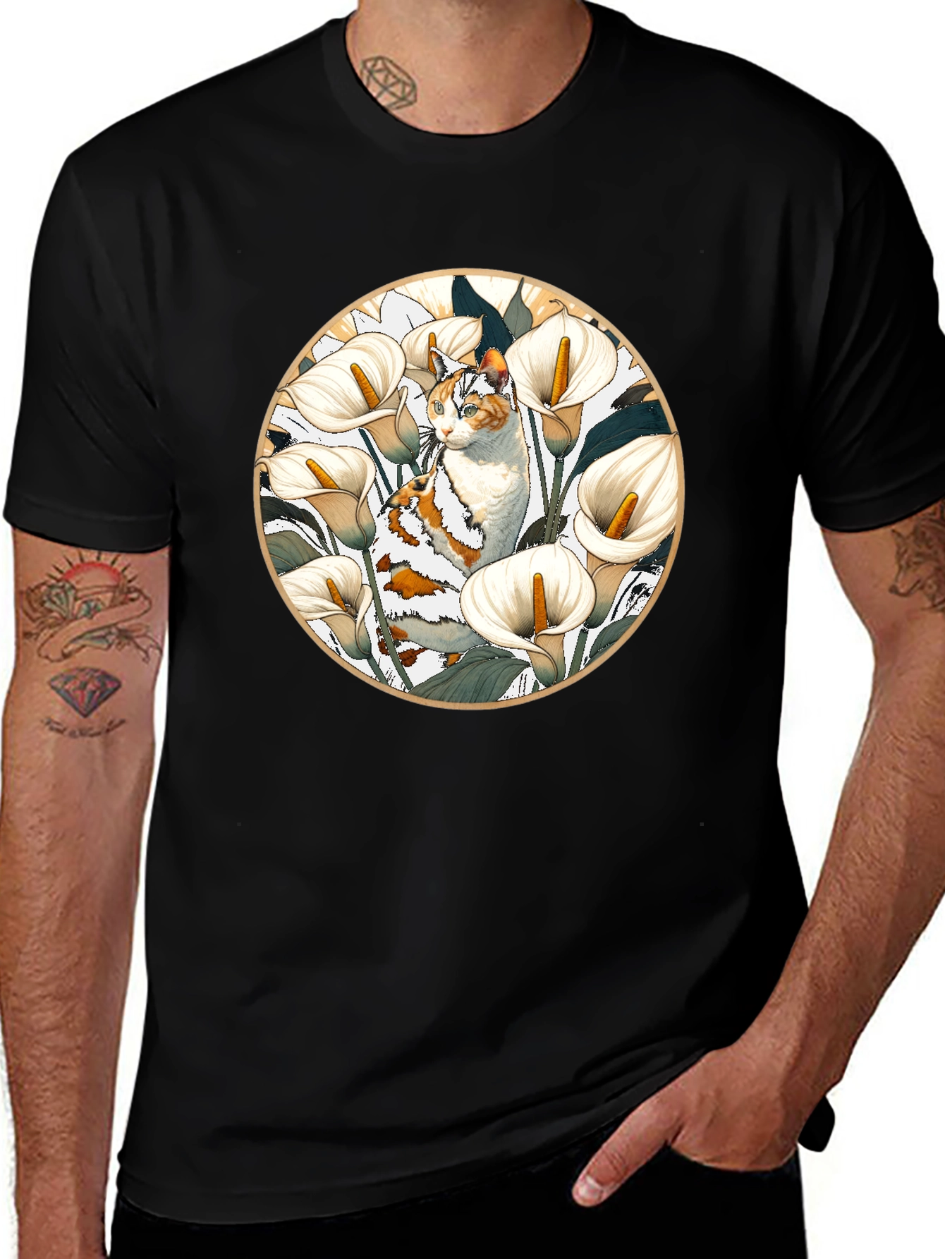 Variant 20 of Cat and Calla Lily Graphic Tee - Stylish Comfort