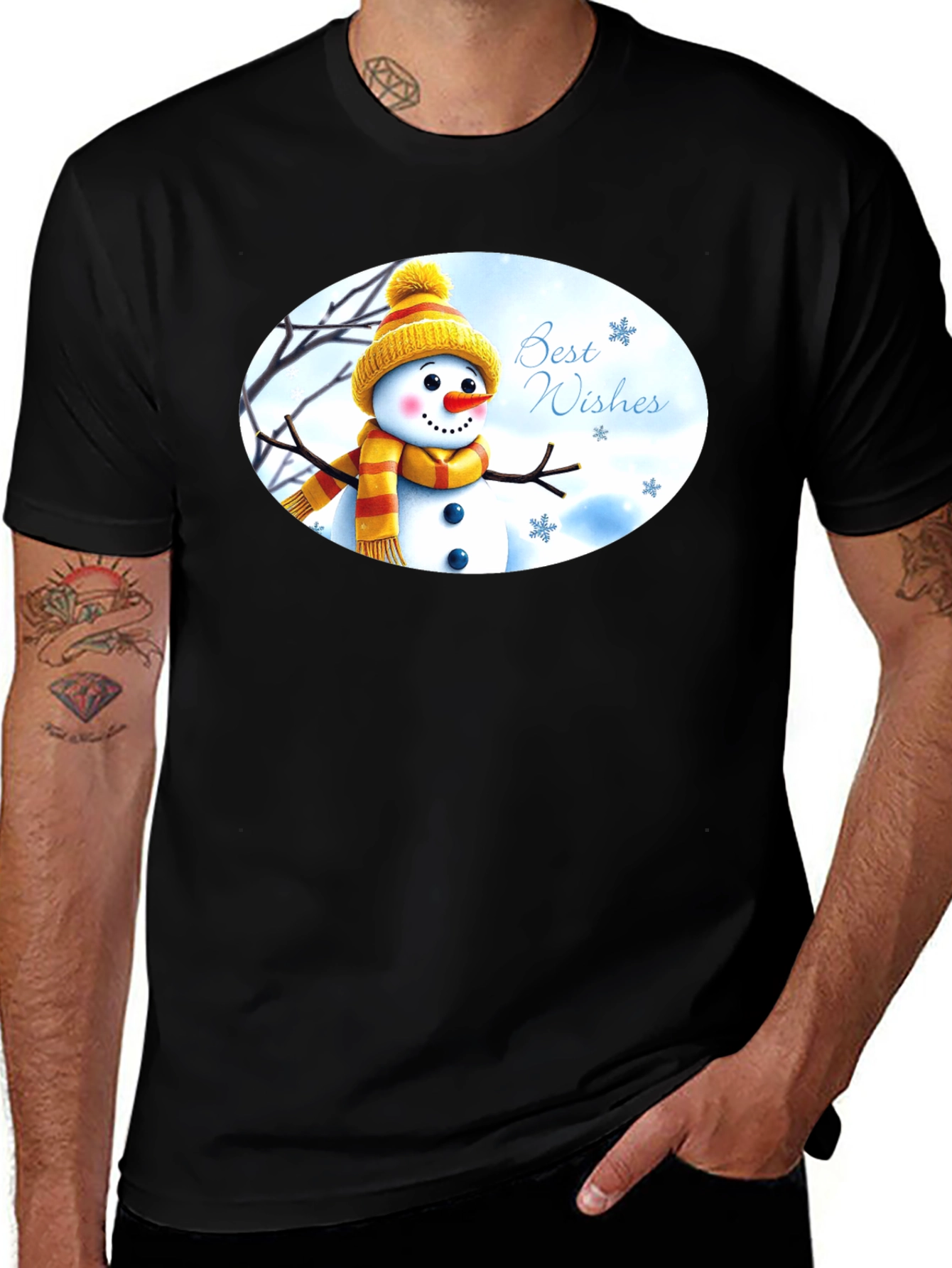 Variant 21 of Snowman Best Wishes Black T-Shirt