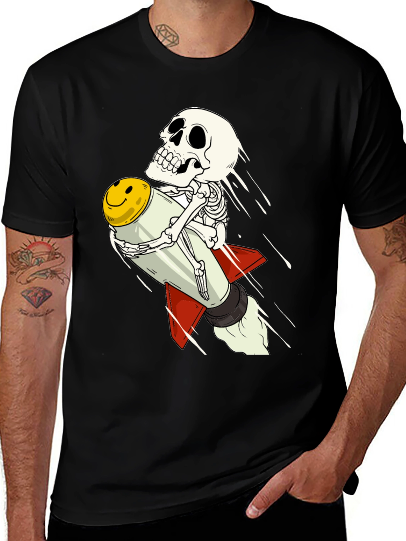 Variant 30 of Skeleton Rocket Rider T-Shirt - Black Cotton Tee